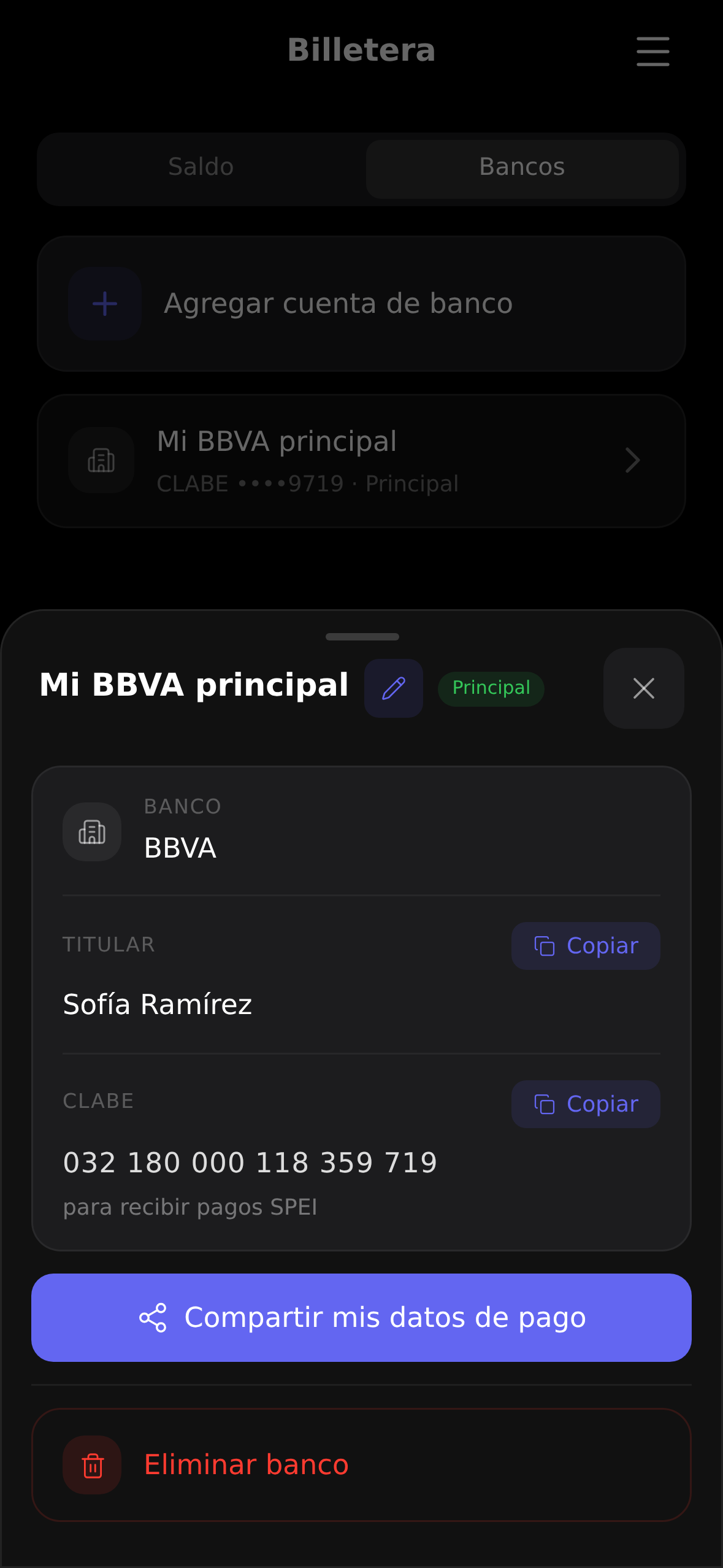Tarjeta con los datos de pago lista para compartir