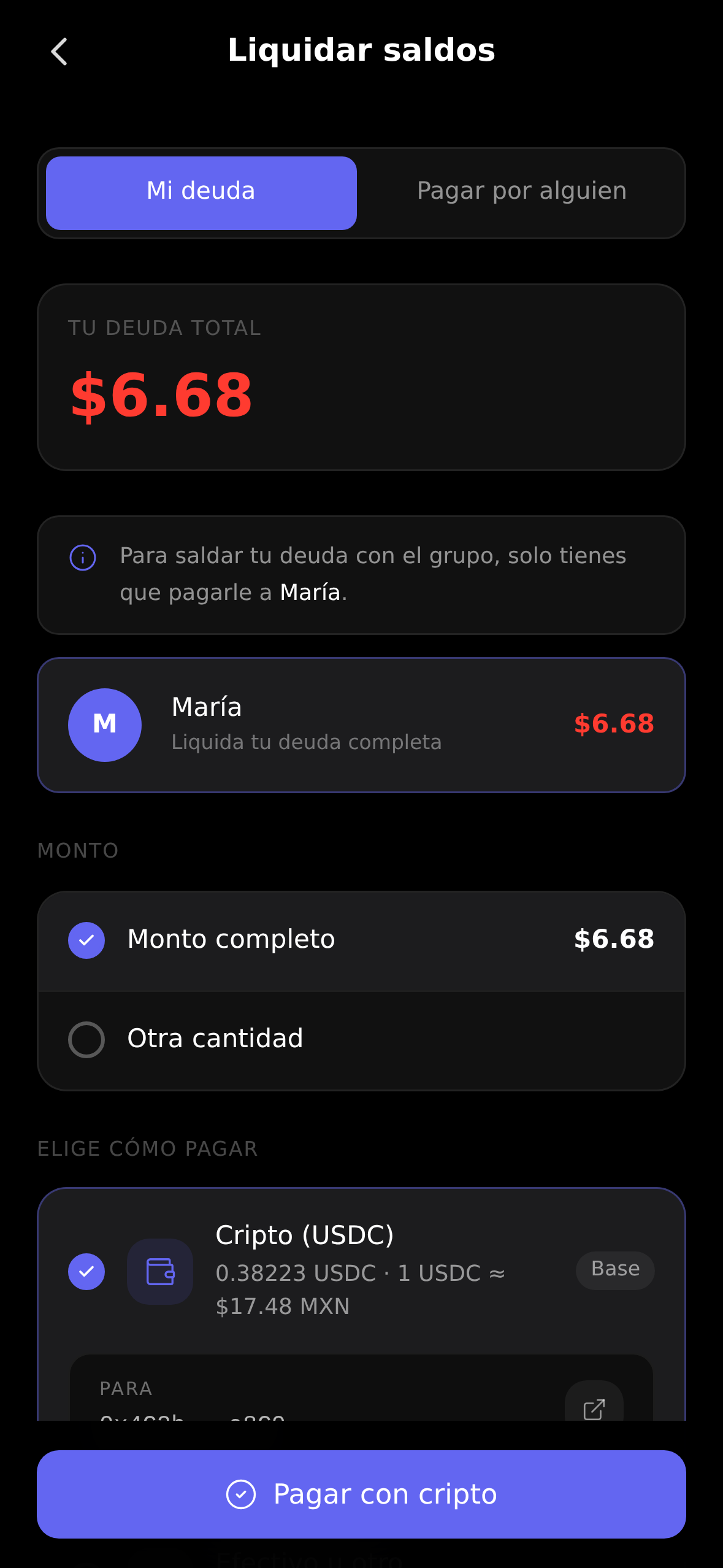 Pantalla para liquidar tu parte con el grupo y enviar el pago