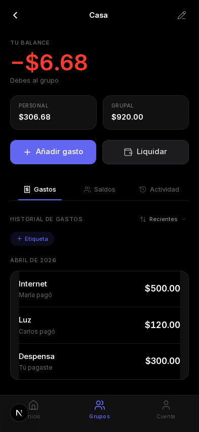 Detalle de un grupo con saldo neto y gastos recientes