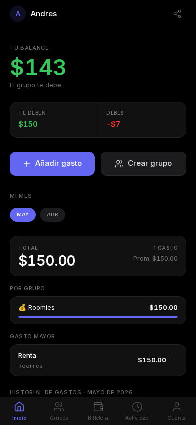 Pantalla de inicio en Cuentas mostrando un balance positivo: el grupo te debe $143