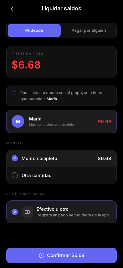 Pantalla para liquidar tu deuda con el grupo